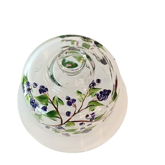 Glass Cheese Pastry Dome Handpainted Blueberry Floral Design With Glass Plate - Picture 11 of 13